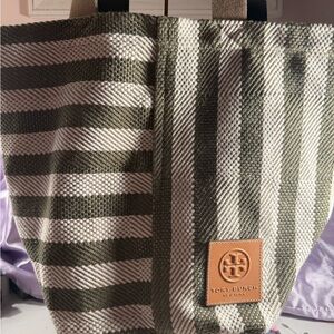 Tory Burch Olive Green & Cream Striped Canvas Tote with Leather Logo Patch